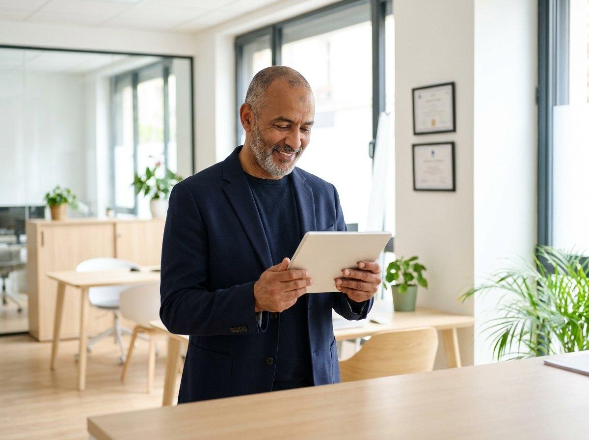 Agent général d'assurance qui consulte son parcours de formation DDA sur tablette, dans son agence