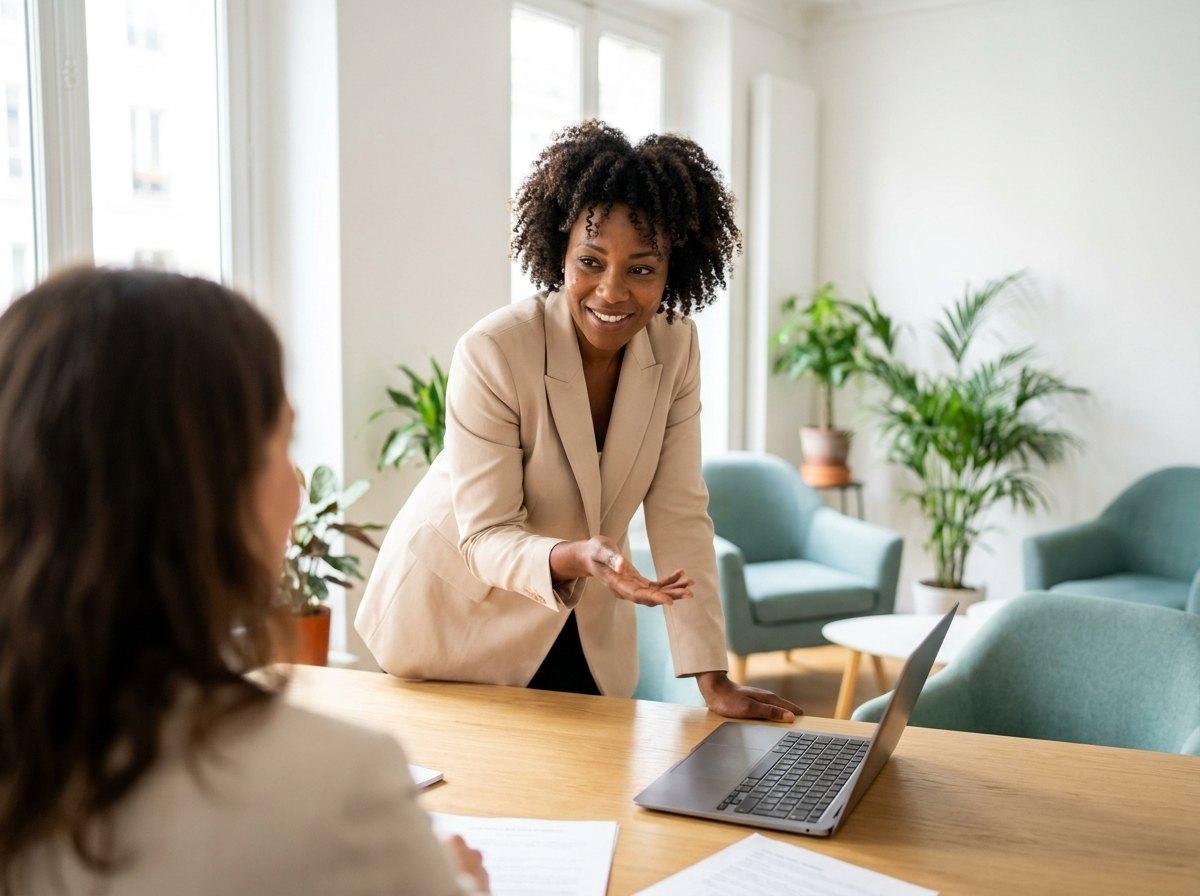Courtière en assurance en rendez-vous client dans son cabinet, concernée chaque année par la formation DDA des courtiers