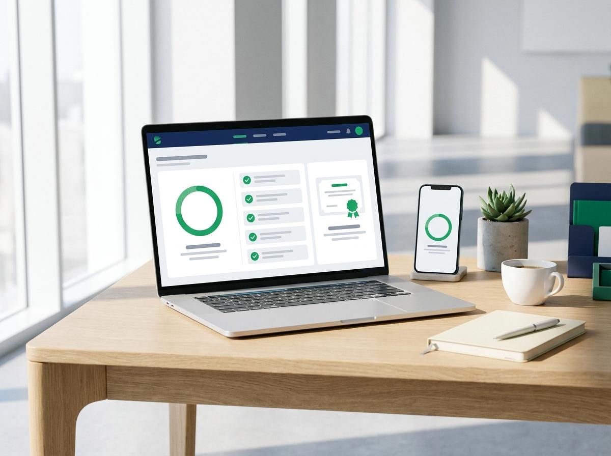 Professionnel de l'assurance devant un module de formation DDA à jour, sur son ordinateur