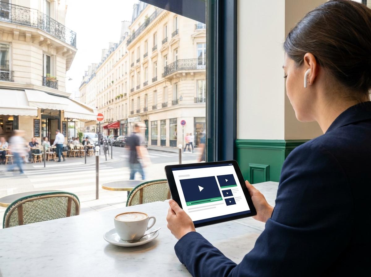 Intermédiaire d'assurance qui suit sa formation DDA en ligne sur tablette, en terrasse
