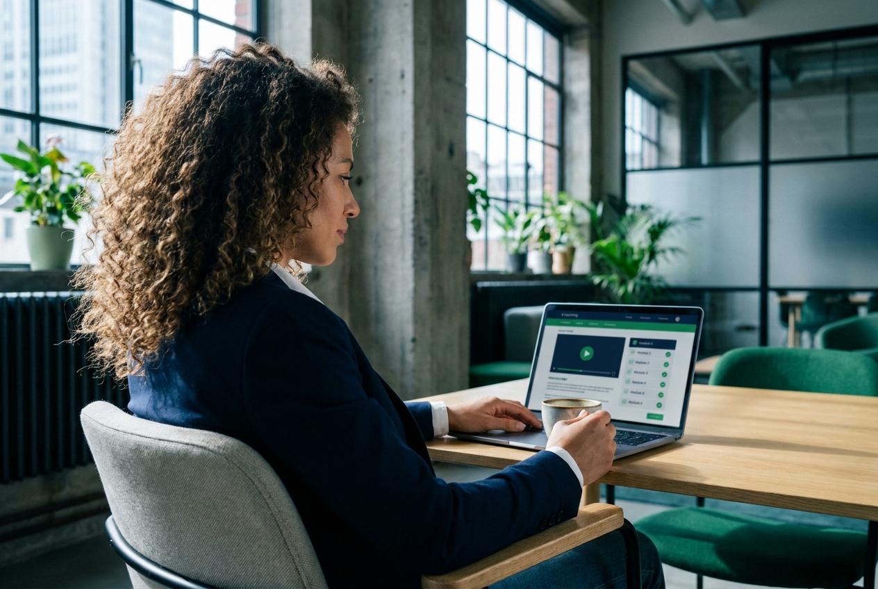 Mandataire d'assurance qui suit un module de formation DDA en ligne sur son ordinateur portable