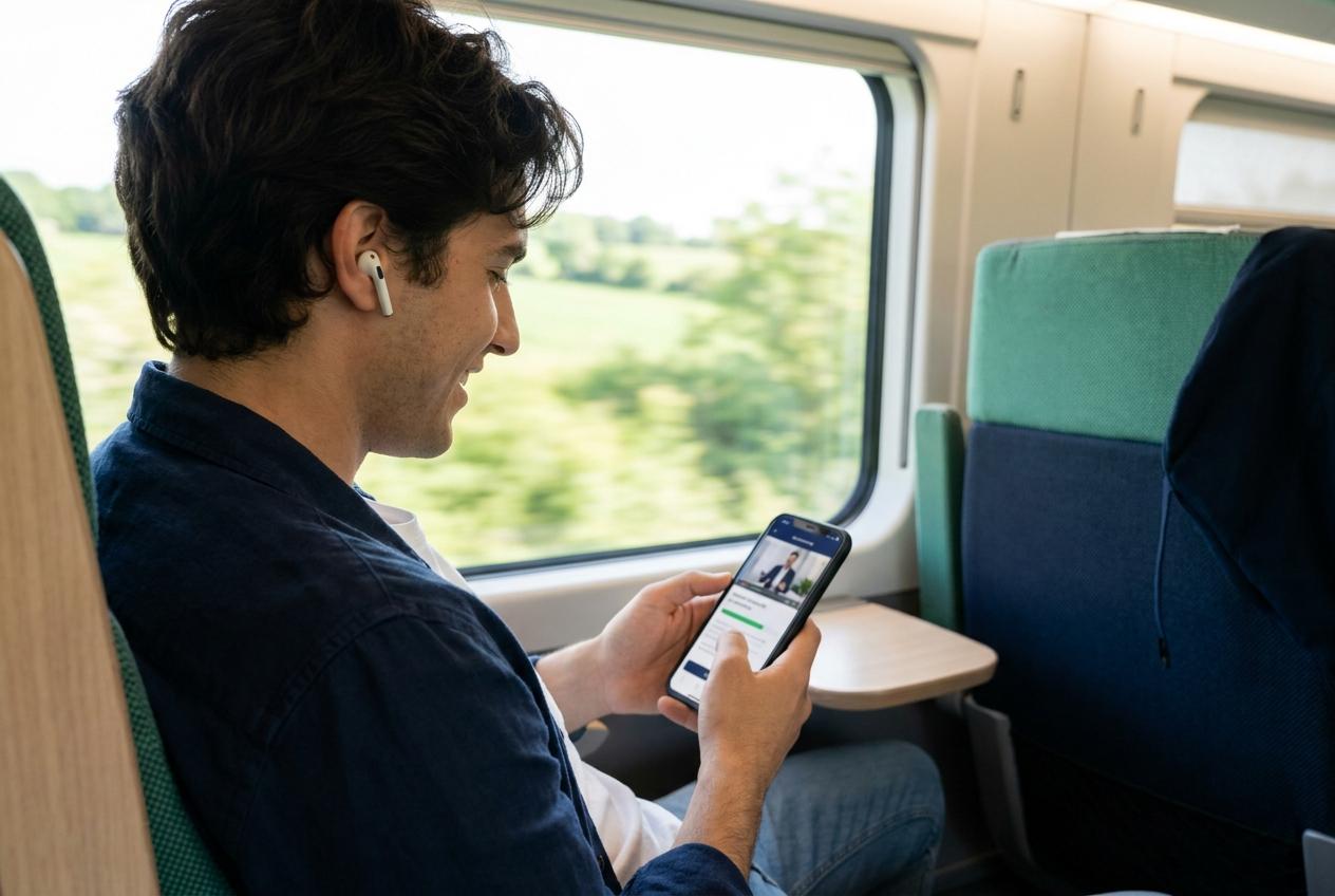 Mandataire d'intermédiaire d'assurance qui avance sa formation DDA sur smartphone, dans le train