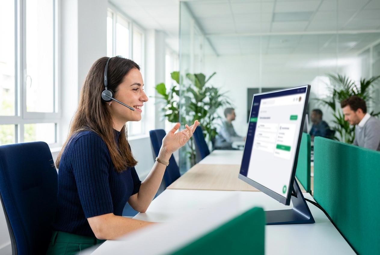 Conseillère salariée au téléphone avec un client, poste de distribution soumis aux 15 heures de formation DDA